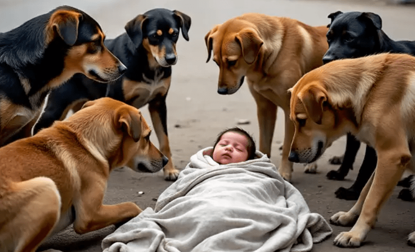 stray dogs protect baby